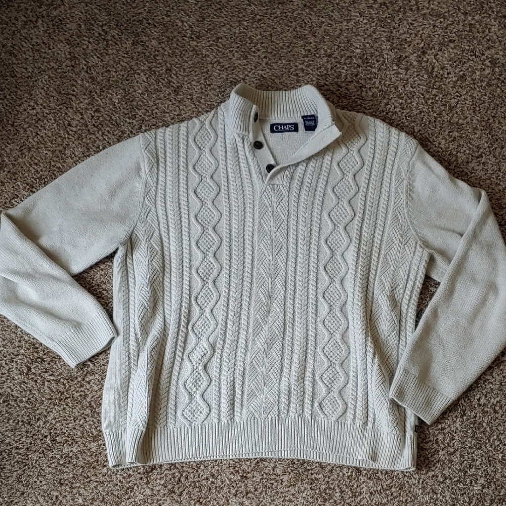 VTG Chaps Cream Cable Knit Sweater Women's Cotton Henley Jumper Size XL